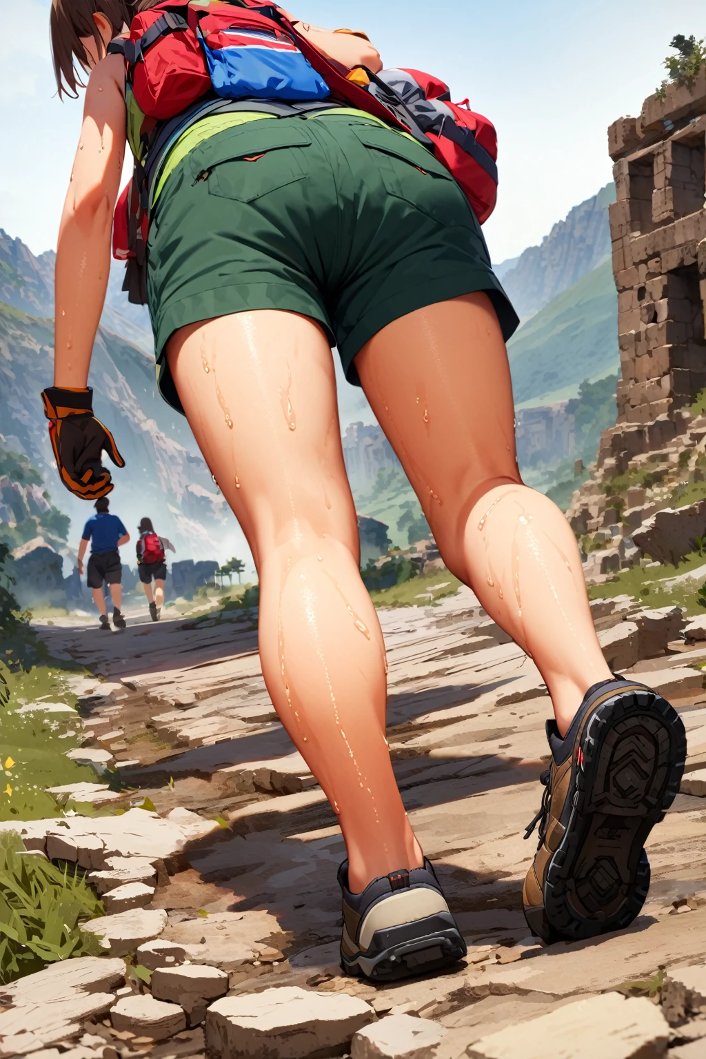 (extremely detailed fine touch:1.3), 1girl, solo, 2.5d face, from behind, close-up legs, sweaty, walking, camping wear, working wear, working shorts, bare arms, bare legs, backpack, glove, shoes, extremely detailed ancient ruins, top of the mountain