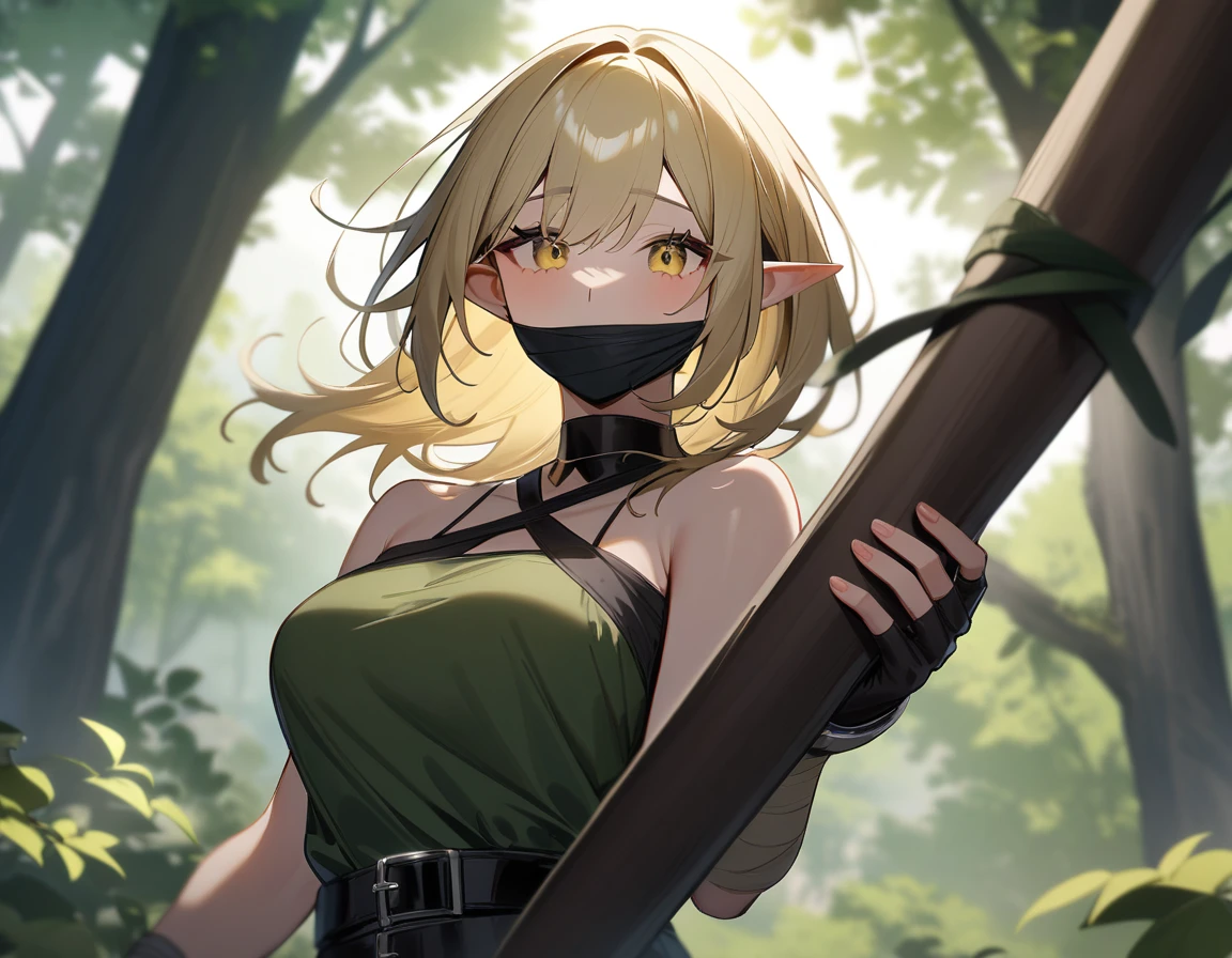 1girl,elf,18 years old,tall,long blond hair, iron warrior dress,forest,(vines wrapped around his body and mouth,tie up,),masterpiece,very aesthetic,newest,nsfw