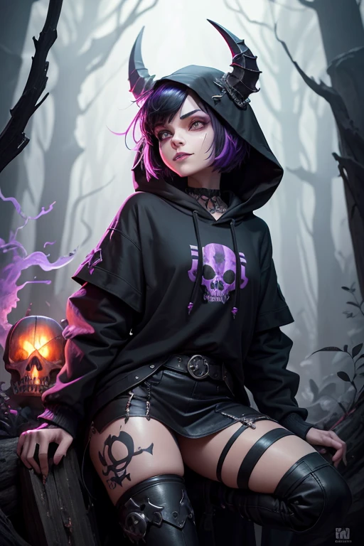 Imagine a ghost skulls ram figure with floating arms like a white block, blocky and stylized. black hoodie, red horn, standing dinamis pose up pile little red block, sitting on top of a lush green forest, scream cracked teeth, ilusi face, digital art, by derek zabrocki, fantasy art, goth girl, spheres, while tripping on dmt, scary detailed art in steam-punk and bones style, purple-black bob hair style, black facial tattoos, looking up with an insane grin, style color indigo bloom