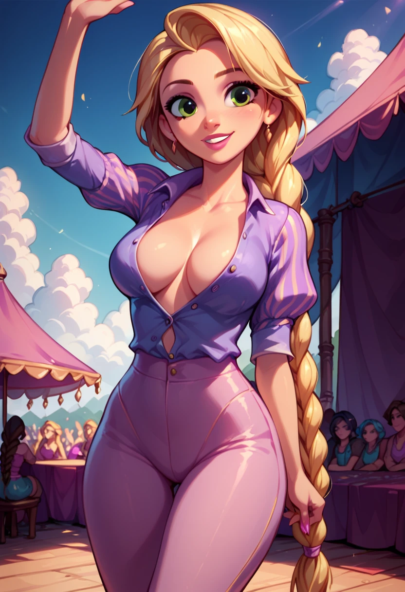 score_9, score_8_up, score_7_up, score_6_up, 1girl, solo, rapunzel (blonde hair, long braid:1.4), wearing (tight pants:1.1) and (cotton blouse, unbuttoned:1.2), cleavage, looking cute, fashionable, cinematic lighting,, dancing, music festival, big crowd.