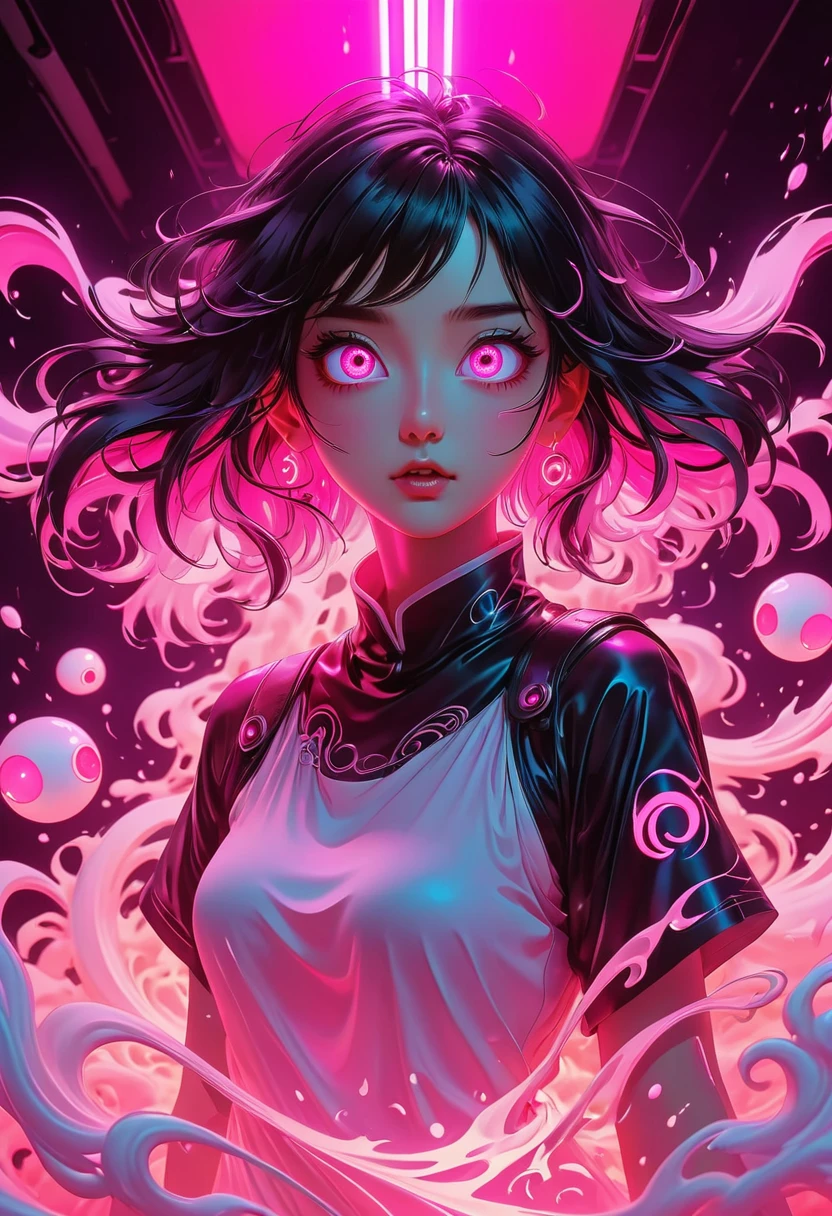 Extra Long Shot, epic ink bending shot, Crazy person々, Hollow Eyes, Eyes standing in bright pink light, Fluorescent lamp, Anime Art, Award-winning works, 8k, super high quality, Super detailed