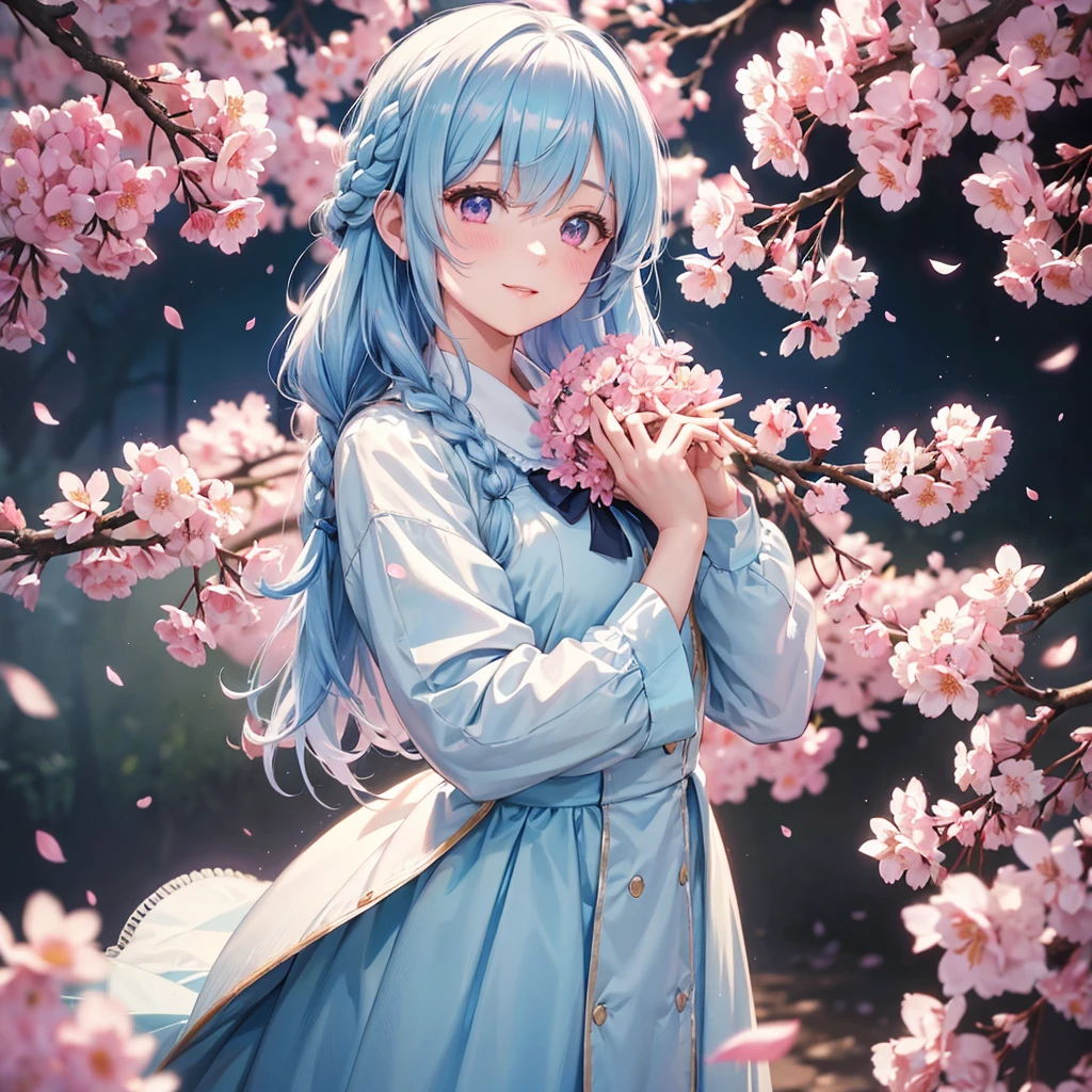 (light blue medium hair),(Braided hair)、Pink Eyes、Fair skin、(whole body)、(uniform)、Cherry Blossoms at Night、Big smile、A dignified figure、alone、(masterpiece、Highest quality、Very detailed、Best Shadow)、(Detailed Background)、(Beautifully detailed face)、High Contrast、(Best lighting、Very delicate and beautiful)、((Cinematic Light))、colorful、Hyper Detail、Dramatic Light、Exquisite detail、