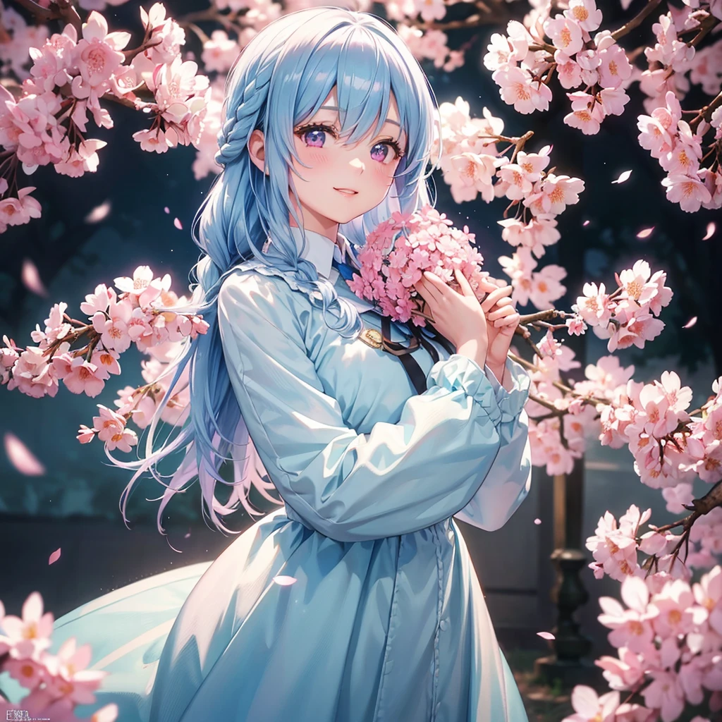 (light blue medium hair),(Braided hair)、Pink Eyes、Fair skin、(whole body)、(uniform)、Cherry Blossoms at Night、Big smile、A dignified figure、alone、(masterpiece、Highest quality、Very detailed、Best Shadow)、(Detailed Background)、(Beautifully detailed face)、High Contrast、(Best lighting、Very delicate and beautiful)、((Cinematic Light))、colorful、Hyper Detail、Dramatic Light、Exquisite detail、
