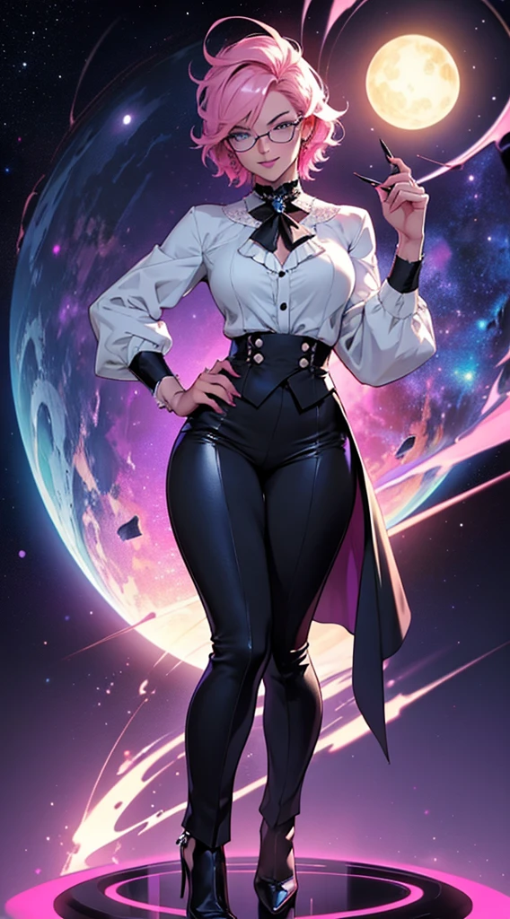 butler outfit, short pink hair, blue colored eyes, ashen skin, demon, claws, bangss, gothic art, full body shot shot, elegant pose, ssmile, Romanticism, work of art, anatomically correcte, high qualiy, super detaill, best qualityer, 4K, 8k, Perfect Woman, the most beautiful woman, her face has to be symmetrical and beautiful, baby pink hair, best qualityer final, beautfull woman, speech bubble, Galaxy,60s,70s,80s,colorfully,cosmo,space,oculos de sol