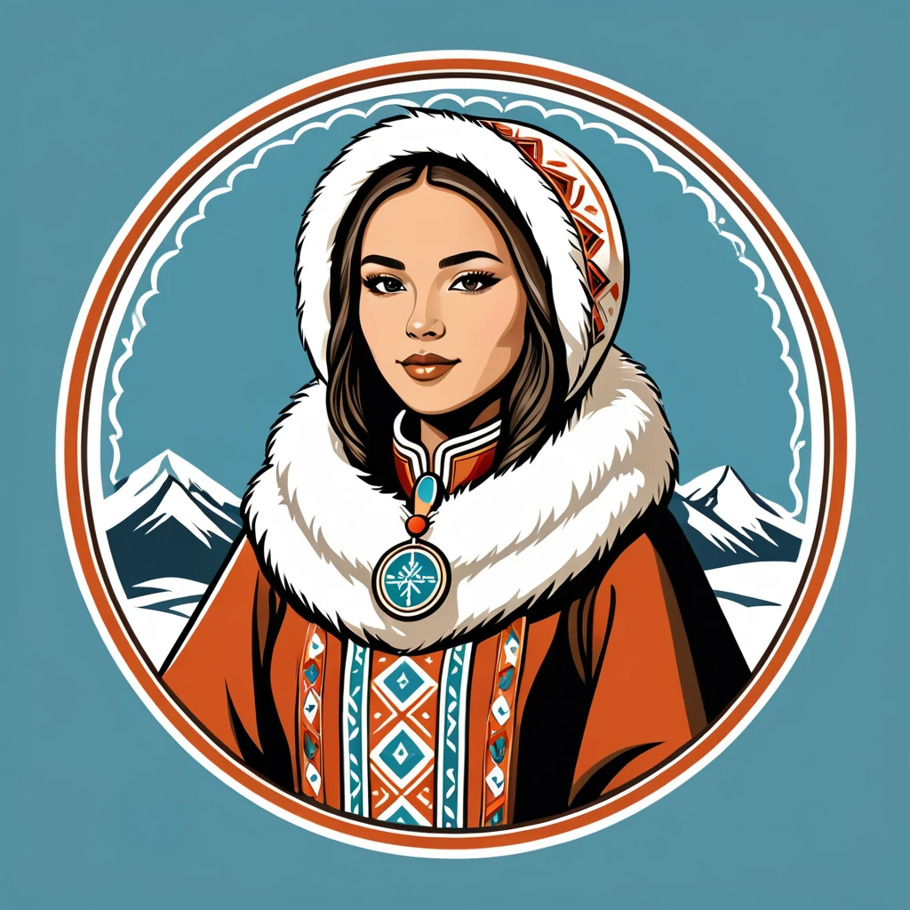female priest in eskimo folk outfit ,vector graphics, strong contours, logo design