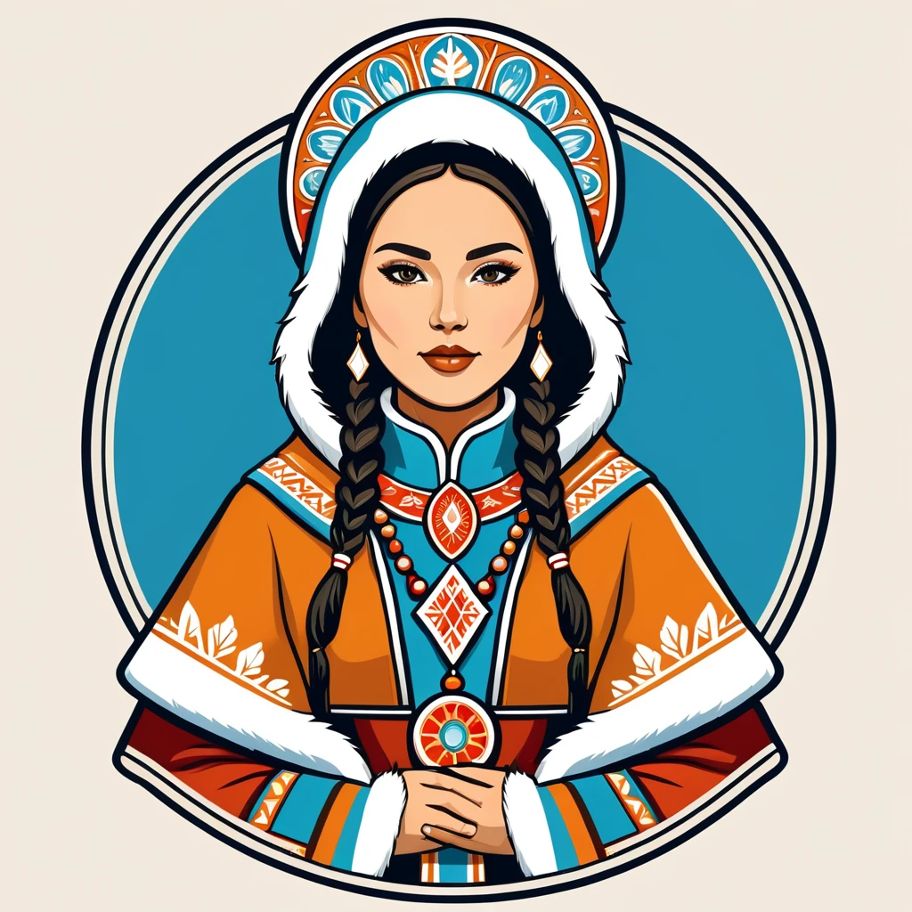 female priest in eskimo folk outfit ,vector graphics, strong contours, logo design