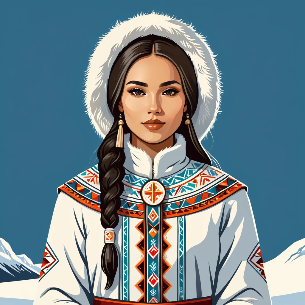 female	priest	in eskimo folk outfit	,vector graphics, strong contours, logo design																						