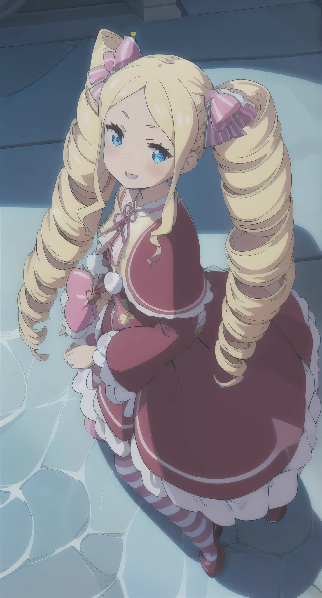 masterpiece, Highest quality, Very detailed, Spectacular lighting, Structure of the film, One girl, Betty, (Long blonde hair:1.1), blue eyes, Hair Ribbon, Long sleeve, (Striped legwear:1.2), Single Mini Crown, Pink ribbon, Ringlet, Drill Hair, Twin Drill, Symbol-shaped pupil, Half-closed eyes, View your viewers, Upper Body, (From above:1.1), library, (8k:1.1) Dazzling Smile