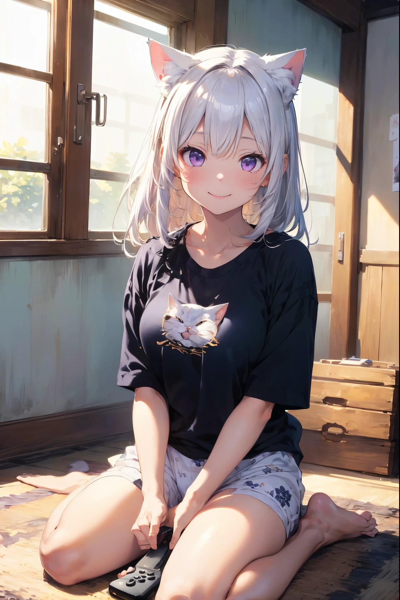 (((masterpiece))), (((Highest quality))), ((Very detailed)), ((Very detailedなイラスト)), ((Ultra-fine painting)), (16K Highest quality wallpaper:1.4), (Detailed and elaborate illustration style,:1.8) Detailed skin texture, High quality fabric, , (T-masterpiece), (Very detailedな顔:1.4), original, RAW Photos, Professional, Intricate details, Very detailed, Direct sunlight:1.6, ,(Cowboy Shot:1.9)、(Perfect Anatomy:1.4), (Extremely elaborate hands:1.2), (Very elaborate fingers:1.2), (Very elaborate fingers先:1.2),, (alone:1.6), (beautiful and adorable cat ears:1.6), (Intricate and delicate white cat ears:1.5), (beautiful, Shiny white hair:1.6), (Very fine and delicate white hair:1.4),, (Very detailedな顔:1.4),(Light purple eyes:1.6),(smile:1.4),(wariza:1.9),((masterpiece)), (Highest quality), (One girl:1.2), Please wear a t-shirt and patterned boxer shorts, In the room, close, avert your eyes, barefoot, Sitting on the couch, ((Front to bottom)), (Press and hold the game controller),