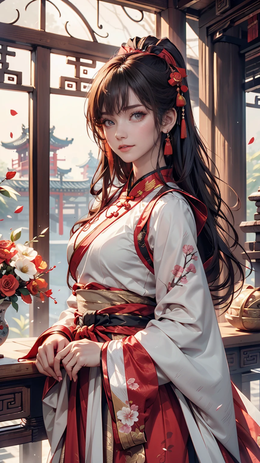 There is a cartoon girl in a dress, China dress, Hanbok apron, Chinese Costume, Chinese traditional clothing, Close-up - view, Hanbok, wearing ancient Chinese Costume, with ancient Chinese Costume, palace, Girl in Han Dress, White Hanfu, China dress, Kitten with pink flowers, Shadow Room, Light Edge, Two-tone lighting, (Skin with attention to detail: 1.2), 8k uhd, Digital SLR, Soft Light, high quality, Volumetric lighting, Sneak a peek, photograph, High resolution, 4K, 8k, Background blur