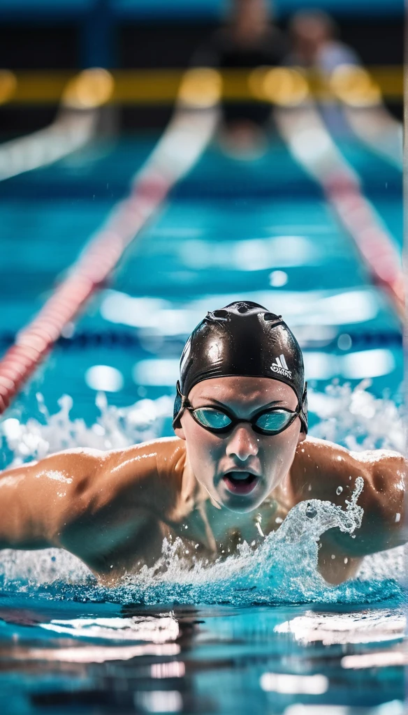 Realistic photography, sport photography, dynamic shot, Swimming competition, fast freestyle swimmer, front crawl, water splashes, dynamic shot, very shallow depth of field capturing only the swimmer, fast capture photo, motion blur, shallow depth of field, bokeh, 8k, film grain, made by dslr