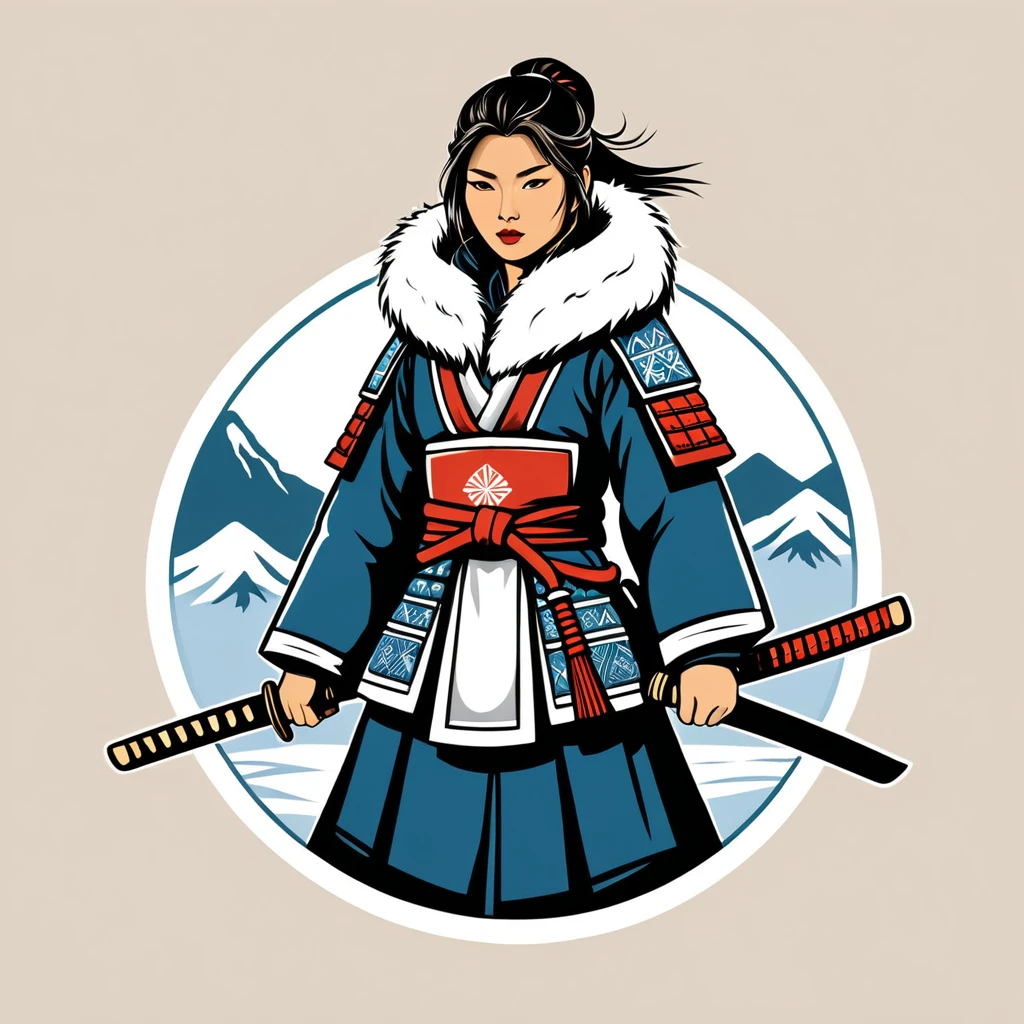 female samurai in eskimo folk outfit ,vector graphics, strong contours, logo design