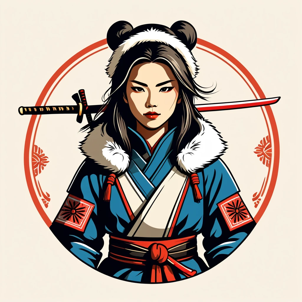 female	samurai	in eskimo folk outfit	,vector graphics, strong contours, logo design																						
