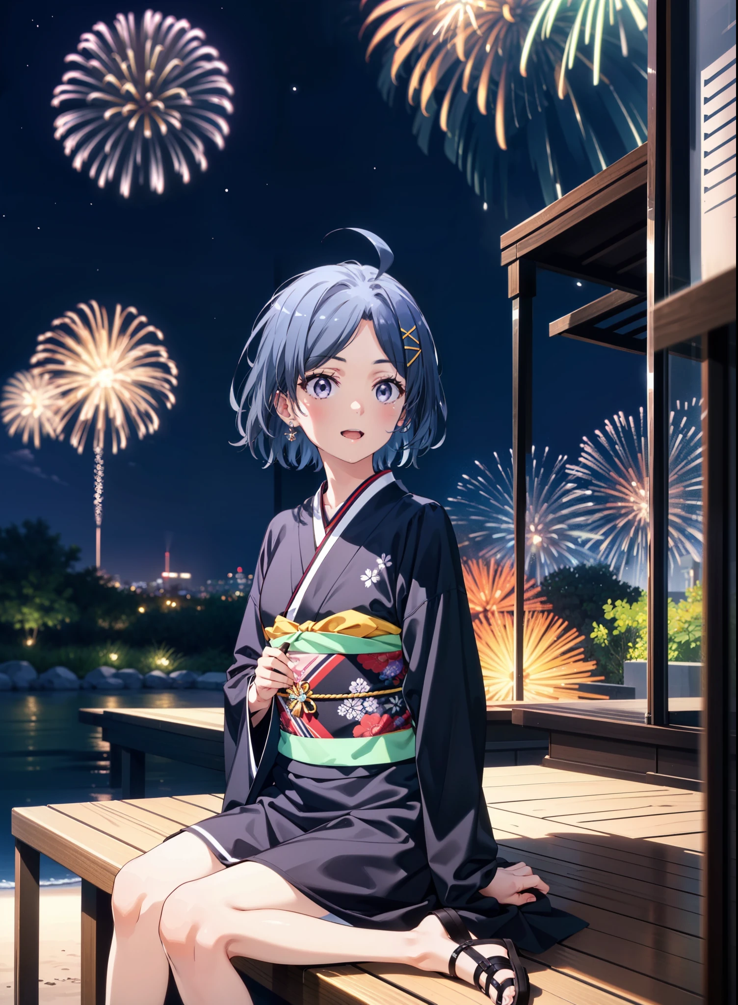 komachihikigaya, komachi hikigaya, short hair, Black Hair, hair ornaments, Ahoge, Hair Clip, x hair ornaments, (Purple eyes:1.1), tooth, smile, Open your mouth, black kimono,Sandals,Sitting on a bench,Fireworks in the night sky,Fireworks,The place is a fireworks display,Time is night,sunny day,turn around,whole bodyがイラストに入るように,
break outdoors,Veranda,Japanese Garden, 
break looking at viewer,whole body,(Cowboy Shot:1. 5),
break (masterpiece:1.2), Highest quality, High resolution, unity 8k wallpaper, (figure:0.8), (Beautiful attention to detail:1.6), Highly detailed face, Perfect lighting, Highly detailed CG, (Perfect hands, Perfect Anatomy),