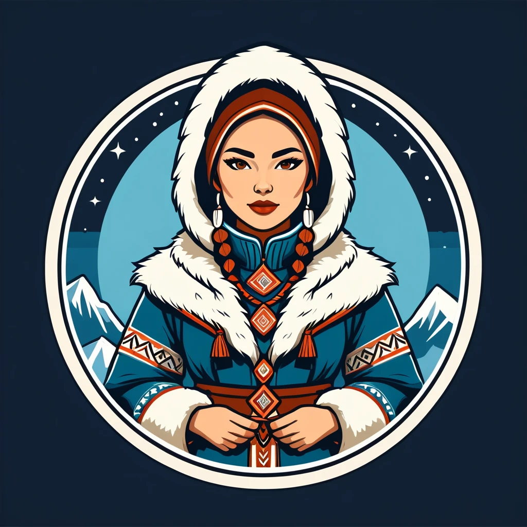 female	summoner	in eskimo folk outfit	,vector graphics, strong contours, logo design																						