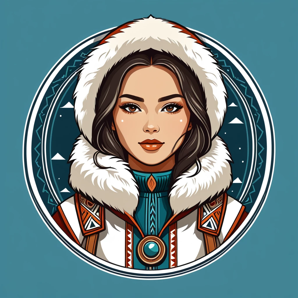 female summoner in eskimo folk outfit ,vector graphics, strong contours, logo design