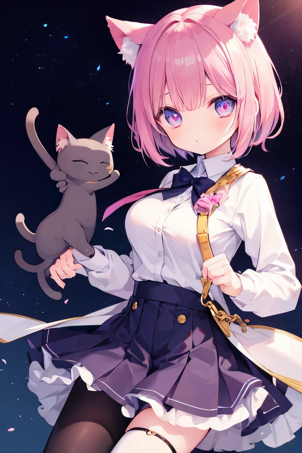 Navy uniform、Elementary school girl、,Pink shortcuts,Very beautiful and Shining Eyes、Shining Eyes、1 girl、Large Breasts、Cat ear、