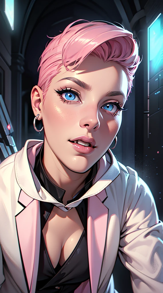 butler outfit, short pink hair, blue colored eyes, ashen skin, demon, claws, bangss, gothic art, full body shot shot, elegant pose, ssmile, Romanticism, work of art, anatomically correcte, high qualiy, super detaill, best qualityer, 4K, 8k, Perfect Woman, the most beautiful woman, her face has to be symmetrical and beautiful, baby pink hair, best qualityer final, beautfull woman, speech bubble, Galaxy,60s,70s,80s,colorfully,cosmo,space,oculos de sol