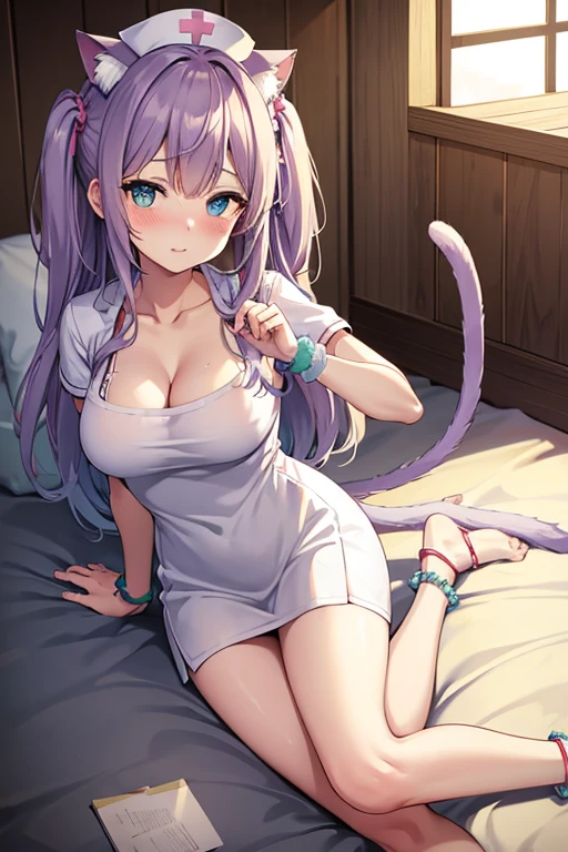 anklet,leg up,hairband,cleavage,nurse cap,masterpiece, best quality, kawaii, ahoge, beautiful detailed eyes, aqua eyes, eyeball, cat_ears, medium breasts, bare legs, no legwear, wristband, hair scrunchie, , nurse, light blush, hand_on_hip, looking back, laughing, nose blush , tail