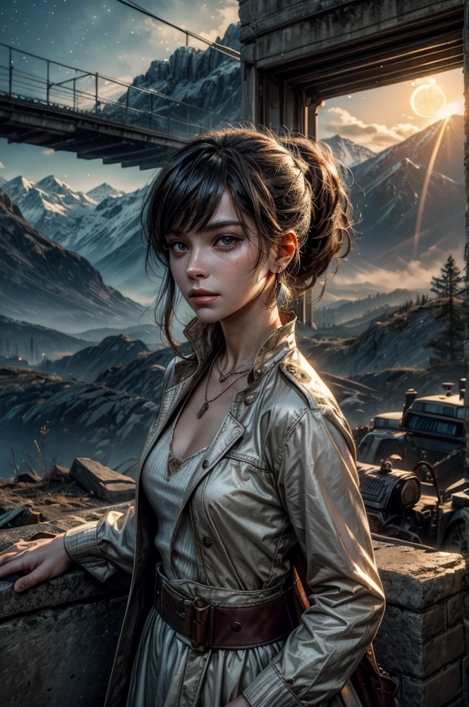 (masterpiece, best quality:1.2), cowboy shot, weissvale, expressionless, closed mouth, looking at viewer, ponytail, scar on eye, white dress, jewelry, necklace, earrings, standing with crowd in city ruins on hill, overlooking valley, BREAK night, stars, moon, snow, BREAK mountains in background, waterfall, vehicle wreck, , (crowd in military uniform), bonfires, post-apocalypse, dystopian future,