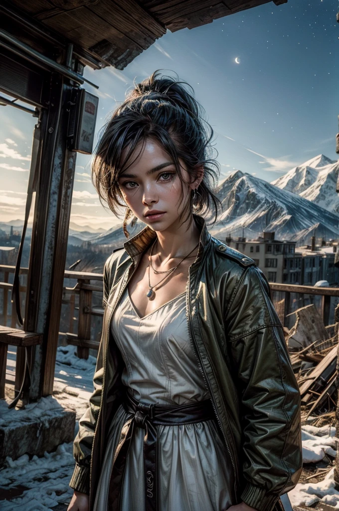 (masterpiece, best quality:1.2), cowboy shot, weissvale, expressionless, closed mouth, looking at viewer, ponytail, scar on eye, white dress, jewelry, necklace, earrings, standing with crowd in city ruins on hill, overlooking valley, BREAK night, stars, moon, snow, BREAK mountains in background, waterfall, vehicle wreck, , (crowd in military uniform), bonfires, post-apocalypse, dystopian future, 