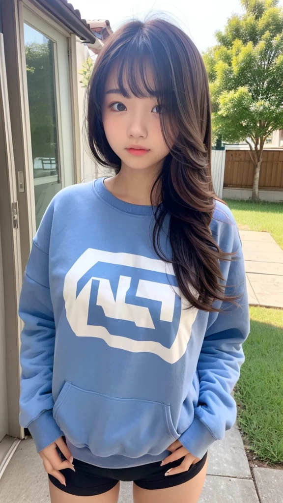 Student  girl 18-year-old Hairstyle Casual, wearing sweatshirt and no pants at house