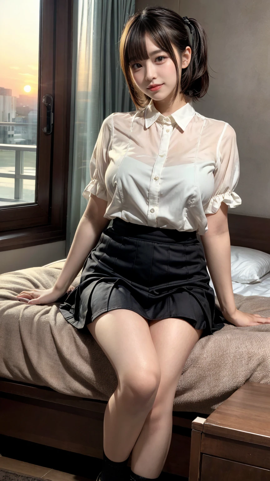muste piece, best quality, illustration, Super detailed, fine details, High resolution, 8K,wall paper, perfect dynamic composition,(Details High quality, realistic depiction of eyes:1.3), short hair, (wavy hair:1.2), (Ruffled shirt、)(Checked mini skirt、red、black、), pony tail hair, huge breasts, black hair color, Big Natural Color Lip, bold sexy pose, crying a little、little smile, Harajuku style、20 year old girl、cute type、lolita、beautiful legs, hotel room, full body photo、focus on crotch, hposing Gravure Idol, Sexy shot looking at camera, Sunset, by the window, Summer, knee sox, make up, Curve