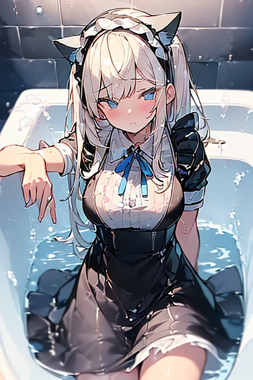 (Ultra high quality:1.6), (Highest quality:1.4), (Attention to detail:1.4), (Ultra-high resolution:1.6), (Detailed face:1.4), (Perfect Face:1,4), (Beautiful Eyes:1,6), (Detailed eyes:1.6), (Maid clothes, White apron, Headband, Black Dress, Blue ribbon, Maid clothes, (Black Dress), Classic, Small breasts, Long:1.4), (白と黒のMaid clothes:1.6), (Blonde, Blue Eyes, Cat ear:1.5), cute, The best smile, Soaking wet, (Water droplets all over the body, 全身White foamまみれ:1.4), (Swimming in clothes, bathing, Bathroom, Longの浴槽:1.6), (relax, Relax:1.6), (Bubble bath:1.4, White foam:1.4), (Soak in the bathtub fully clothed, Submersion:1.6), (胸までSubmersion:1.6), 衣服にもWhite foam, つま先から胸までSubmersion, White bubble