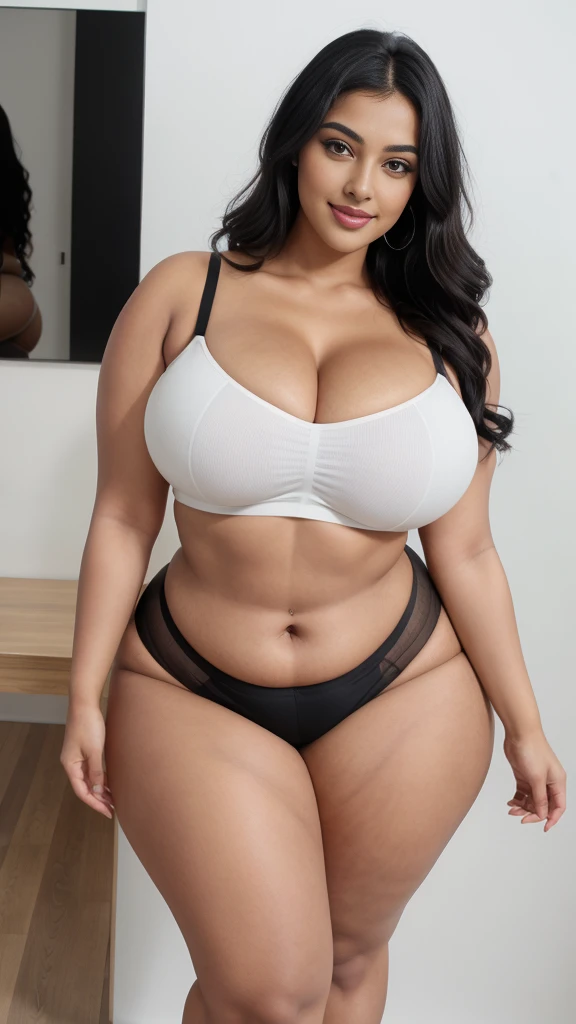 Radhika marchent Indian beautiful woman curvy plus size hour glass bulky huge figure woman, closeup camera view, big huge m-cup breast, wearing SHEIN Teen Girl Letter Graphic Cami Top & Shorts & Mesh Top Color: Multicolor , covered Bust , elegant standing position, eye contact view, different style hairstyle, bright eyes, thin eyebrows, fair skin, blushing cheeks, prefect head to toe view, full body, ideal for high-fashion or editorial shoots, ultra realistic skin texture, head to toe view, full body shot, full body view, smile face, black hair, Indian face, perfect skin tone light, ultra realistic skin texture, bigger waist, busty, big hips, fleshy thighs, thick thighs, busty, full body view, Modern Art Museum: Sleek, contemporary architecture and art pieces.