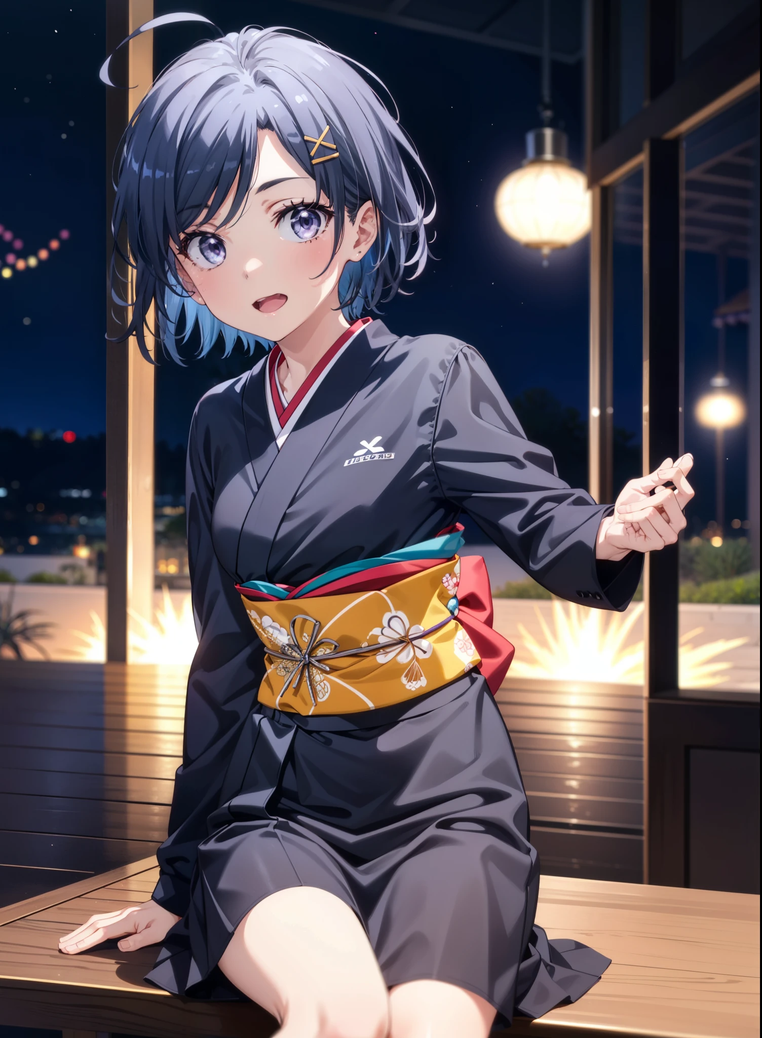 komachihikigaya, komachi hikigaya, short hair, Black Hair, hair ornaments, Ahoge, Hair Clip, x hair ornaments, (Purple eyes:1.1), tooth, smile, Open your mouth, black kimono,Black long skirt,Sandals,Sitting on a bench,Fireworks in the night sky,Fireworks,The place is a fireworks display,Time is night,sunny day,turn around,whole bodyがイラストに入るように,
break outdoors,Veranda,Japanese Garden, 
break looking at viewer,whole body,(Cowboy Shot:1. 5),
break (masterpiece:1.2), Highest quality, High resolution, unity 8k wallpaper, (figure:0.8), (Beautiful attention to detail:1.6), Highly detailed face, Perfect lighting, Highly detailed CG, (Perfect hands, Perfect Anatomy),