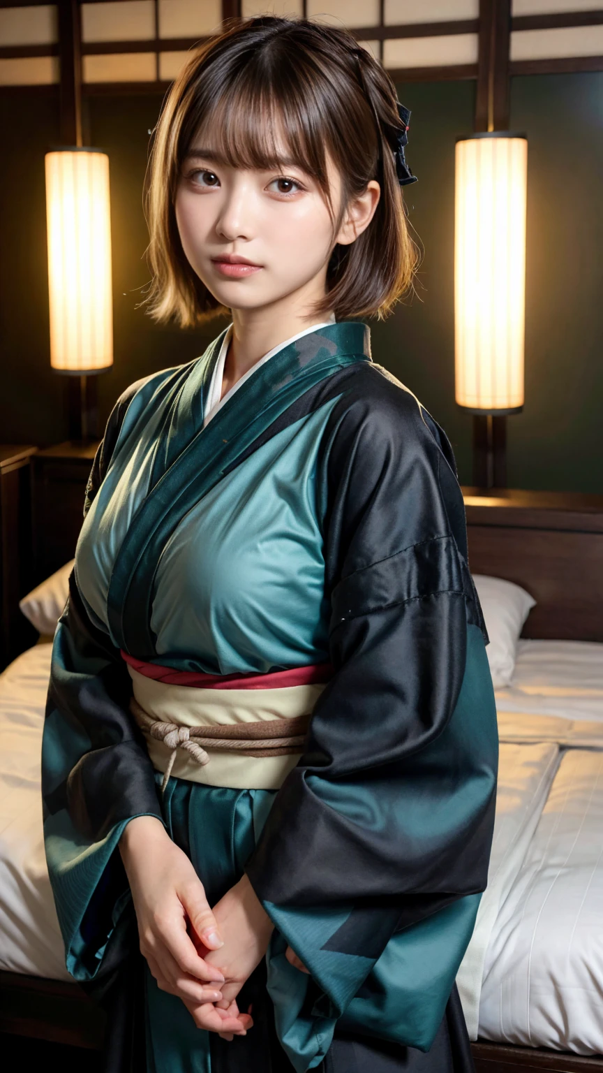 masterpiece,best quality,high resolution,8K,Realistic face,Realistic skin texture,magnified textures, 1 girl,Japanese girl, 19 years old,japanese,detailed eyes,blunt bangs,brown hair,Joyful glow,doubled lid eyes,small nose、sparkling eyes、natural make,(haori of light blue:1.2)、she is shinsengumi,bushi,(black kimono:1.2),(dark green hakama:1.2),katana,round face,Guts pose,grimace,smol girl,big breasts,（Sexy chest:1.3）,in hotel room,(look at viewer),good feeling,parade,(from front),happy