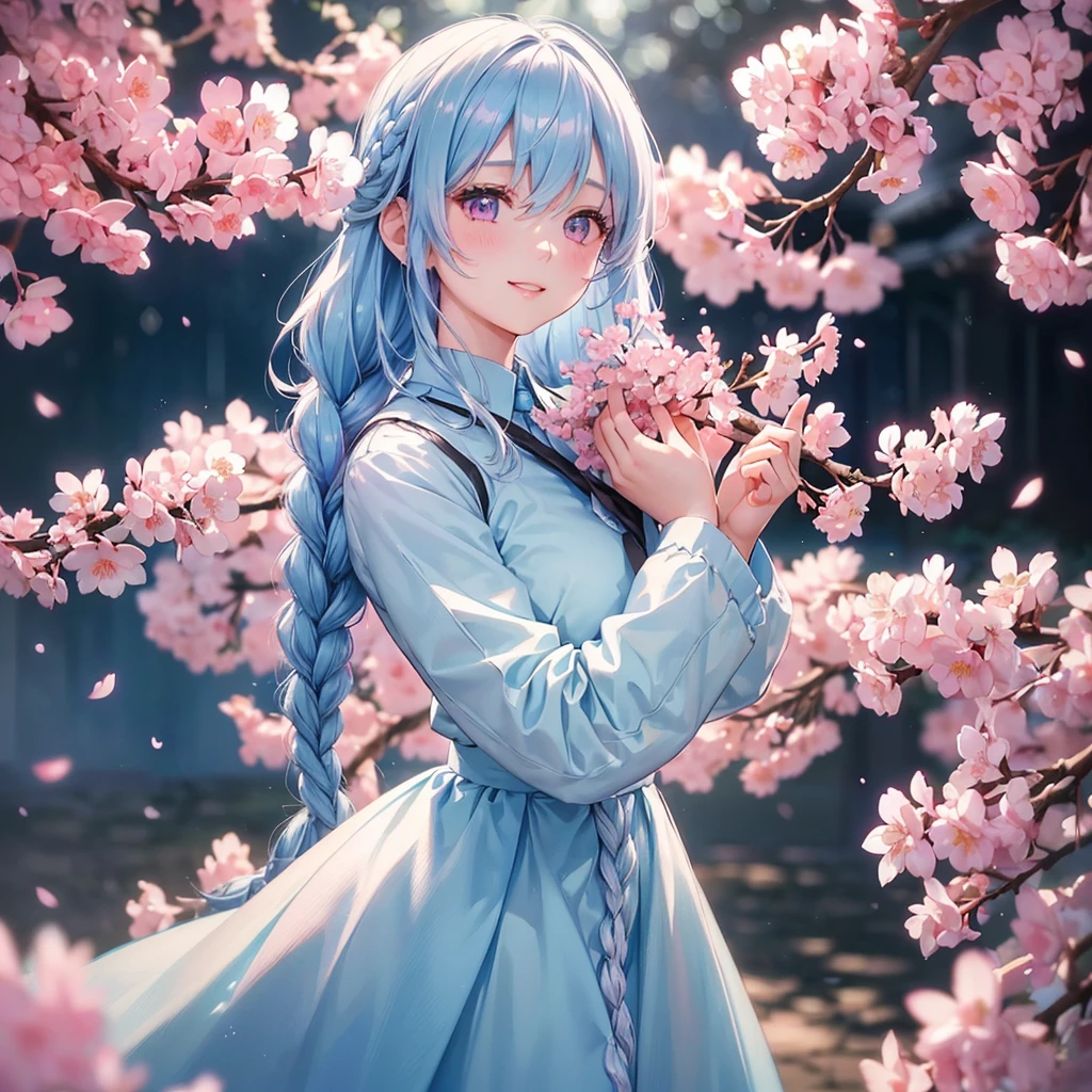 (light blue medium hair),(Braided hair)、Pink Eyes、Fair skin、(whole body)、(uniform)、Cherry Blossoms at Night、Big smile、alone、(masterpiece、Highest quality、Very detailed、Best Shadow)、(Detailed Background)、(Beautifully detailed face)、High Contrast、(Best lighting、Very delicate and beautiful)、((Cinematic Light))、colorful、Hyper Detail、8k、Dramatic Light、Exquisite detail、