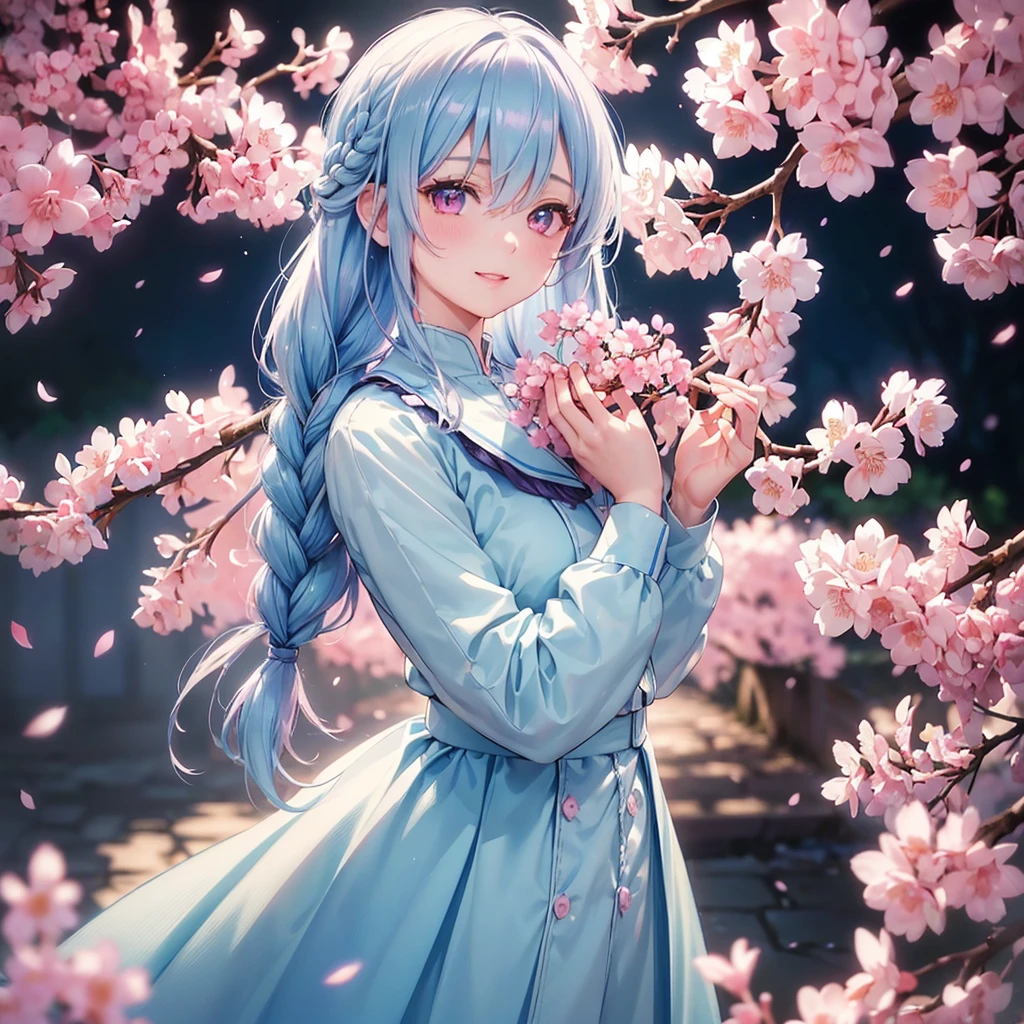 (light blue medium hair),(Braided hair)、Pink Eyes、Fair skin、(whole body)、(uniform)、Cherry Blossoms at Night、Big smile、alone、(masterpiece、Highest quality、Very detailed、Best Shadow)、(Detailed Background)、(Beautifully detailed face)、High Contrast、(Best lighting、Very delicate and beautiful)、((Cinematic Light))、colorful、Hyper Detail、8k、Dramatic Light、Exquisite detail、