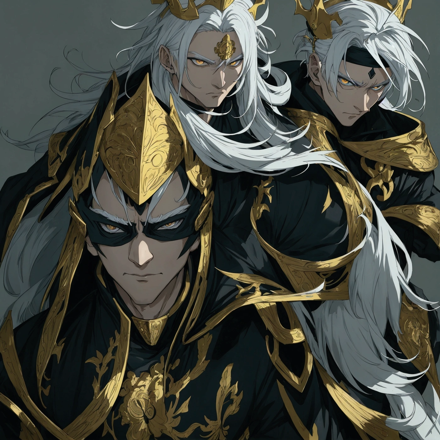 make this character into anime art style, man face, white hair, gold crown on his head, change background