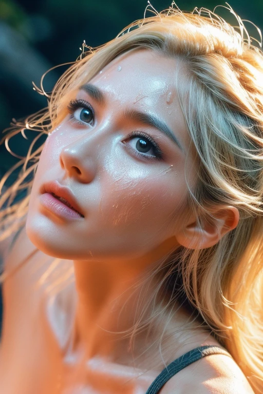 A beautiful female rock climber is climbing the high cliff, from above, close up her face, looking up the viewer, Skin that shines wet with sweat, Flowing blonde hair, intense expression, Cinema Lighting, Vibrant colors, (Highest quality, High resolution, masterpiece, Super detailed, Realistic, photo realistic), Very detailed face and eyes, Very detailed, hyper Realistic, Professional photography, Cinema Lighting, Dynamic action scenes, Sports Photography