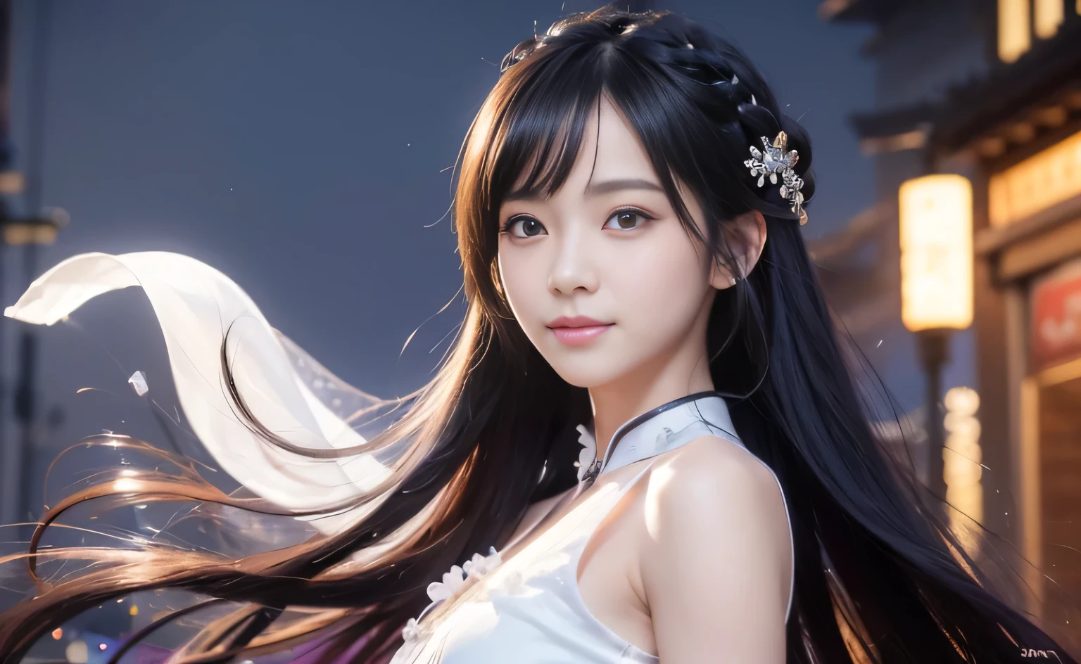 A delicate and lovely ancient goddess with lustrous black hair. She wears a white and red miko wear and a simple silver hair mixture. The background is a fantastic and ethereal night sky, as if possessed by a specter. Her expression is stern and atmospheric.