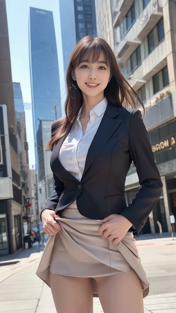 Woman in a suit standing on the sidewalk,((25-year-old woman))、Big Breasts、Dark brown hair color、Hairstyle with bangs、Various hairstyles、Hairstyles of different lengths、(8k, RAW Photos, highest quality, Tabletop: 1.2),、(Realistic, Realistic: 1.3), Cityscape, Day, Sunny Morning, Professional Lighting, Photon Mapping, shirt, (Woman in a suit,) Silk Suit、Pencil Skirt、Tight Skirt、((Delicate photo))，(Detailed RAW Photos of Girls), (Tabletop:1.25), (highest quality:1.6), (超A high resolution:1.5), (Realistic:1.75), 8k resolution, Canon EOS R5, 50mm, absurdes, Ultra-detailed,Cinema Lighting, (Skirt Lift:1.4)、nsfw、the wind is strong、smile、Skirt flipped up、sexy panties