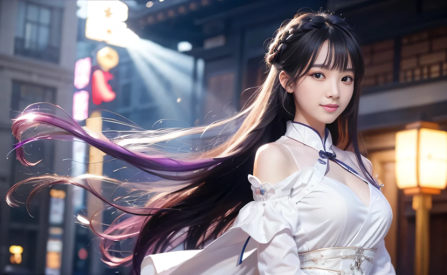 best quality, 8k, Traditional beauty,Beautiful and fine hair and fine face, perfect female face, Smile, happy, beautiful cute girl,with shiny purple hair,Colorful white shirt , Highly detailed facial and skin textures, delicate eyes, Just one person,Chinese girl,The costumes are detailed and complete,Super detailed black braids,Hair blowing in the wind, standing on the street, (Flash particles), lens flare, sharp focus, Volumetric lighting,Smile at the camera, (Alice and fashion:1.1),slim body,Soft light and shadow,The proportions of the characters are reasonable,Normal human eyes,Eyes are delicately drawn,Delicate facial details,Detailed sculpting of upper body,Attention to detail,The texture is delicate,vivid emotional description,meticulous detail。