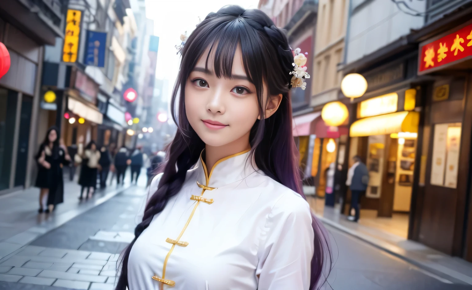 best quality, 8k, Traditional beauty，Beautiful and fine hair and fine face, perfect female face, Smile, happy, beautiful cute girl，with shiny purple hair，Colorful white shirt , Highly detailed facial and skin textures, delicate eyes, Just one person，Chinese girl，The costumes are detailed and complete，Super detailed black braids，Hair blowing in the wind, standing on the street, (Flash particles), lens flare, sharp focus, Volumetric lighting，Smile at the camera， (Alice and fashion:1.1)，slim body，Soft light and shadow，The proportions of the characters are reasonable，Normal human eyes，Eyes are delicately drawn，Delicate facial details，Detailed sculpting of upper body，Attention to detail，The texture is delicate，vivid emotional description，meticulous detail。