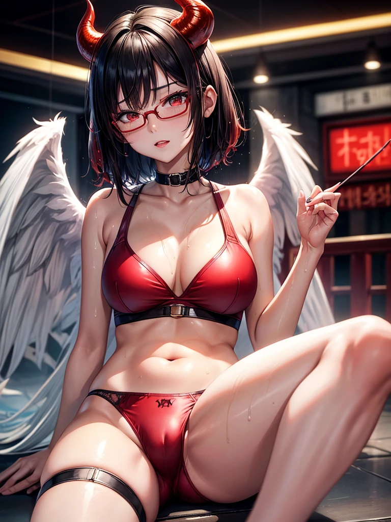 Beautiful girl,Korea, sitting among red light neon,
18 years old,Short hair, shoulder length,black hair, medium breasts,wet, sweat, camel toe, red lips ,Wear glasses,
White underwear, sexy pose,
red eyes, spread your legs, กางเกงใน girl, baby face,
Two horns and a red demon tail, slim, angel wings,