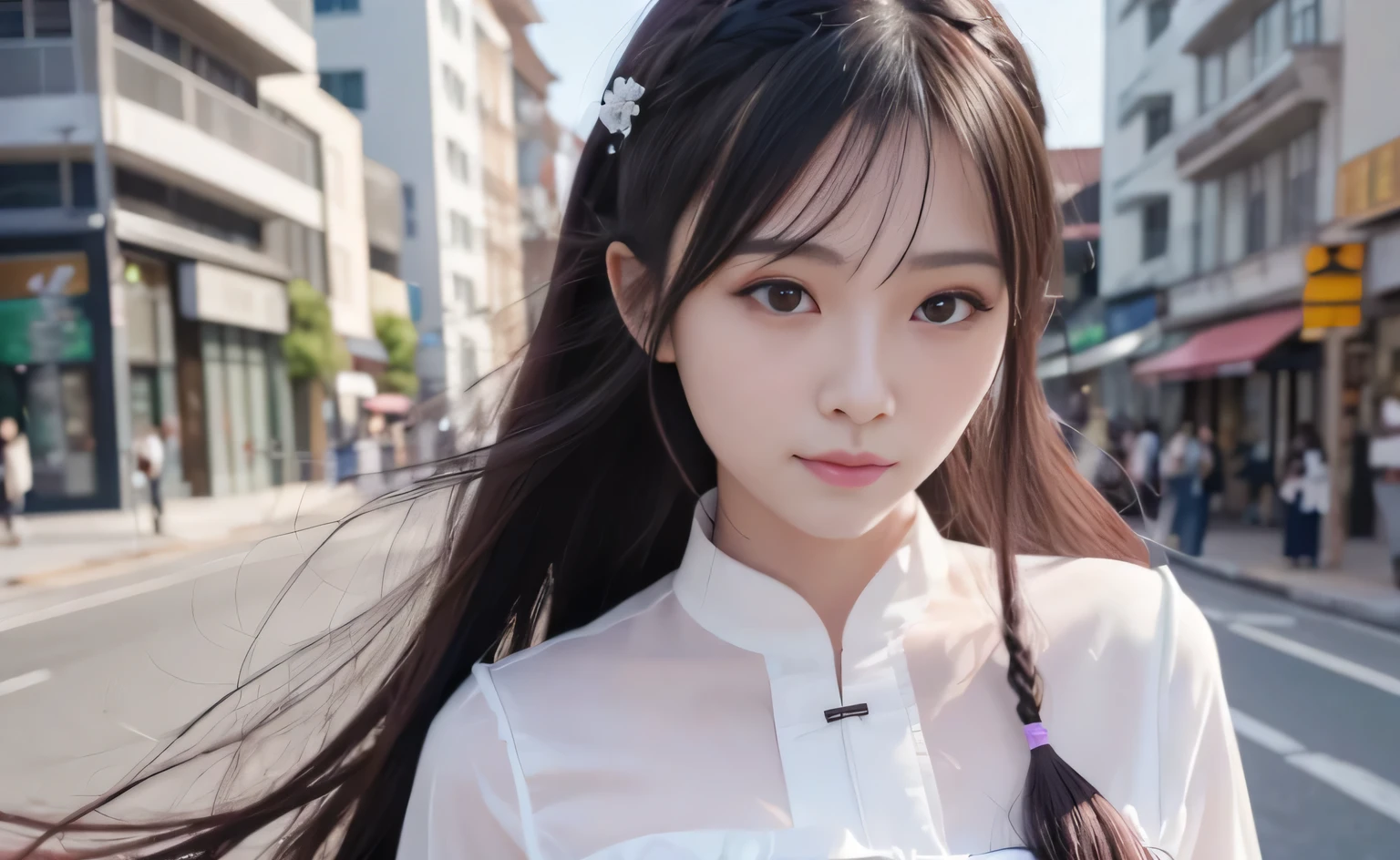 best quality, 8k, Traditional beauty，Beautiful and fine hair and fine face, perfect female face, Smile, happy, beautiful cute girl，with shiny purple hair，Colorful white shirt , Highly detailed facial and skin textures, delicate eyes, Just one person，Chinese girl，The costumes are detailed and complete，Super detailed black braids，standing on the street, (Flash particles), lens flare, sharp focus, Volumetric lighting，Smile at the camera， (Alice and fashion:1.1)，slim body，Soft light and shadow，The proportions of the characters are reasonable，Normal human eyes，Eyes are delicately drawn，Delicate facial details，Detailed sculpting of upper body，Attention to detail，The texture is delicate，vivid emotional description，meticulous detail。