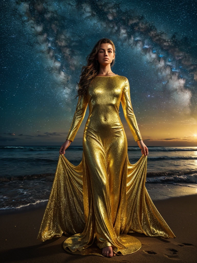 Portrait-focused image of a woman standing on a beach next to the ocean, with the Milky Way galaxy in the background. Trending digital fantasy art featuring a golden sacred tree with glowing outlines. Realistic face and body hybrid, gently caressing the Earth. A beautiful artist rendering, reflecting awakening, beside the sea.