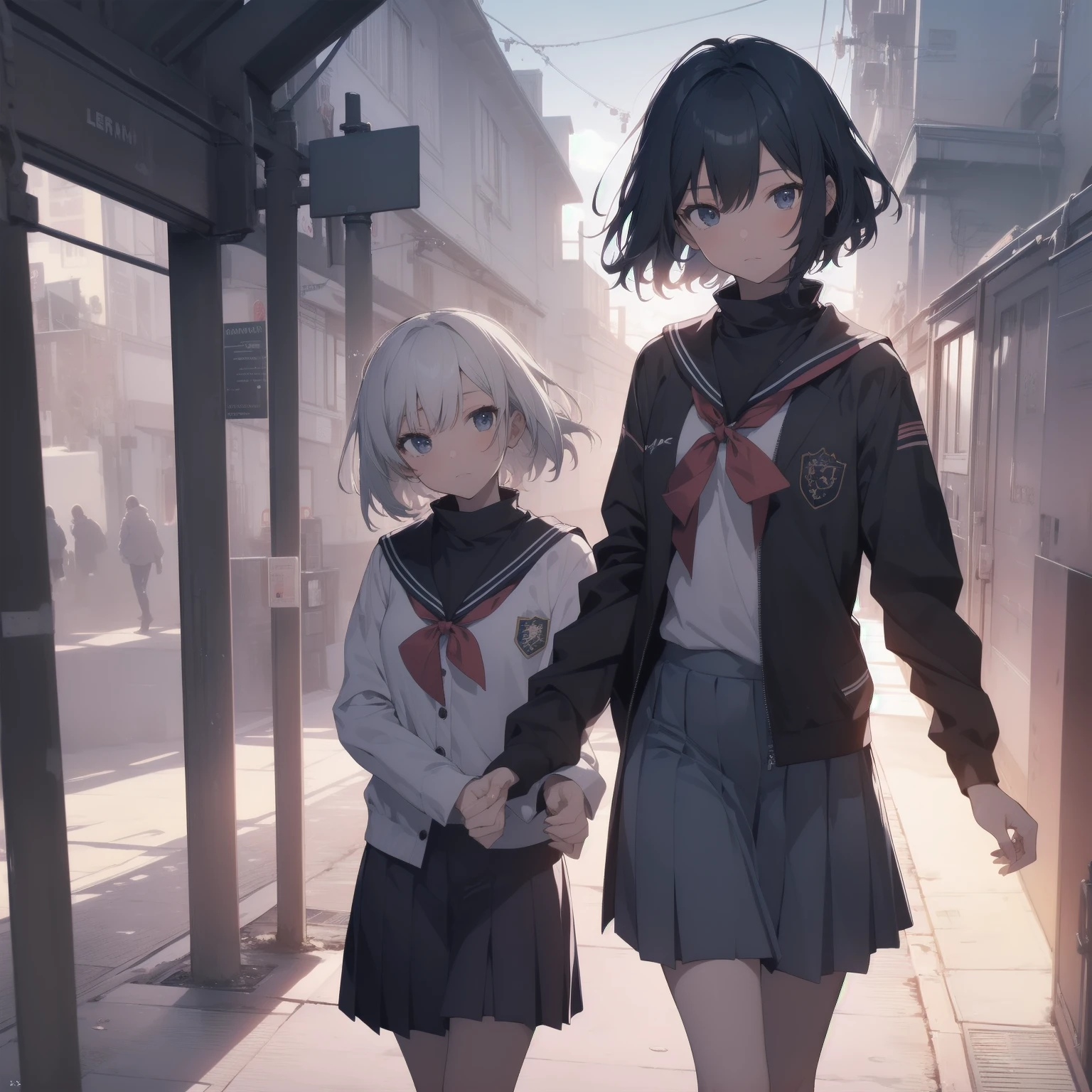 ultra-absurdres-Top quality by artist God, ultra-detailed, high resolution, anime moe artstyle, best anime 8k konachan wallpaper, pixiv contest winner, pool:2810, perfect anatomy,break, 1girl, (Please draw a girl walking sleepily to school alone. )break,(Solo,little female, 13-year-old:1.3),Full limbs, complete fingers,a junior high school student, (very short hair), short cut, flat chest, , small butt, small black eyes, beautiful detailed eyes, well-proportioned iris and pupils, expressive eyes, highres detailed hair, soft expression, salor school_uniform, sailor collar, serahuku, bow, pleated skirt,(Detailed Lighting), (Detailed background), in the School commute route. break,super detailed skin, Best cinematic lighting powered by famous artist, 8k,beauty illustration,photoshop_(medium),very aesthetic,break,((artist:haruhisky )), artist:clamp ,artist:carnelian ,artist:kantoku ,