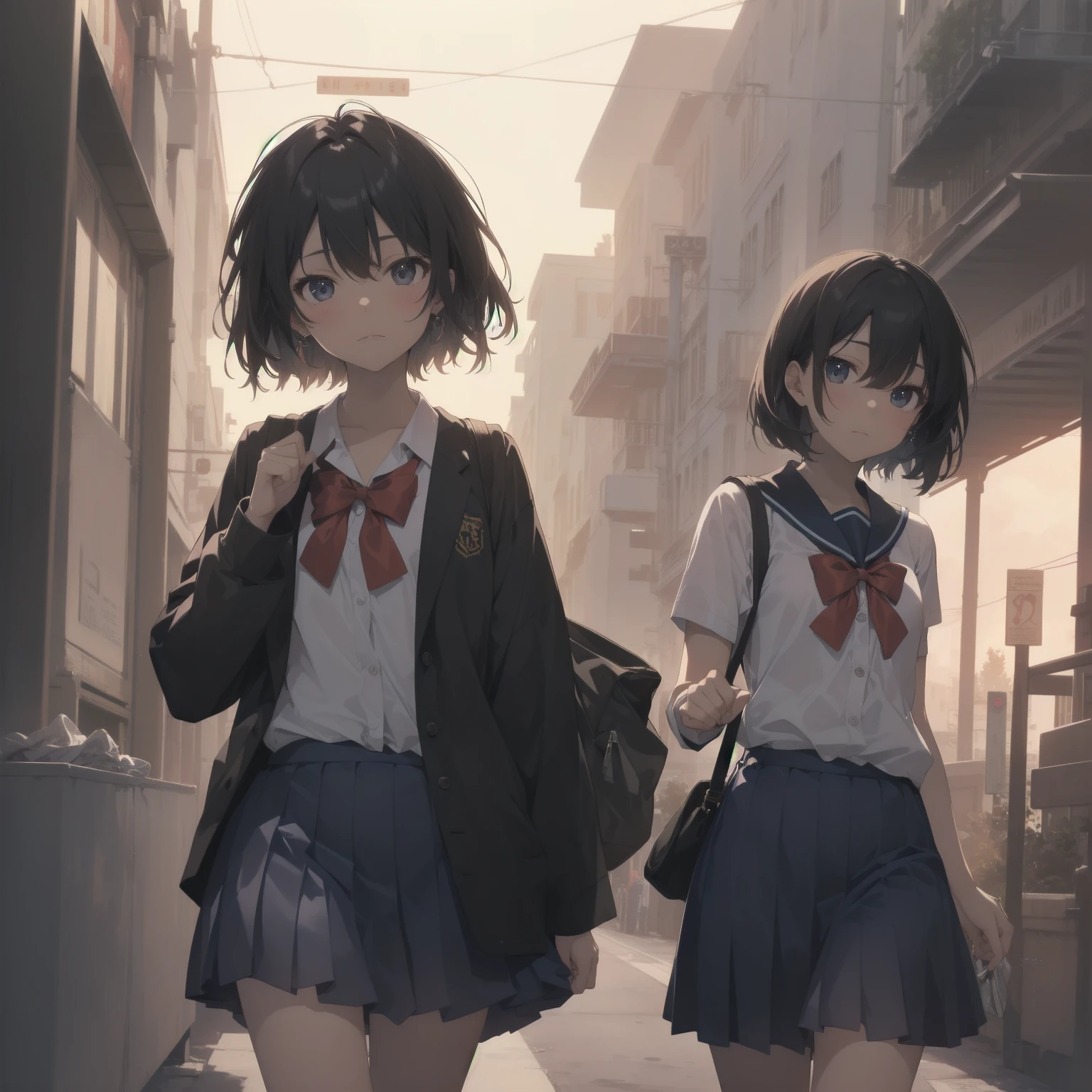 ultra-absurdres-Top quality by artist God, ultra-detailed, high resolution, anime moe artstyle, best anime 8k konachan wallpaper, pixiv contest winner, pool:2810, perfect anatomy,break, 1girl, (Please draw a girl walking sleepily to school alone. )break,(Solo,little female, 13-year-old:1.3),Full limbs, complete fingers,a junior high school student, (very short hair), short cut, flat chest, , small butt, small black eyes, beautiful detailed eyes, well-proportioned iris and pupils, expressive eyes, highres detailed hair, soft expression, salor school_uniform, sailor collar, serahuku, bow, pleated skirt,(Detailed Lighting), (Detailed background), in the School commute route. break,super detailed skin, Best cinematic lighting powered by famous artist, 8k,beauty illustration,photoshop_(medium),very aesthetic,break,((artist:haruhisky )), artist:clamp ,artist:carnelian ,artist:kantoku ,