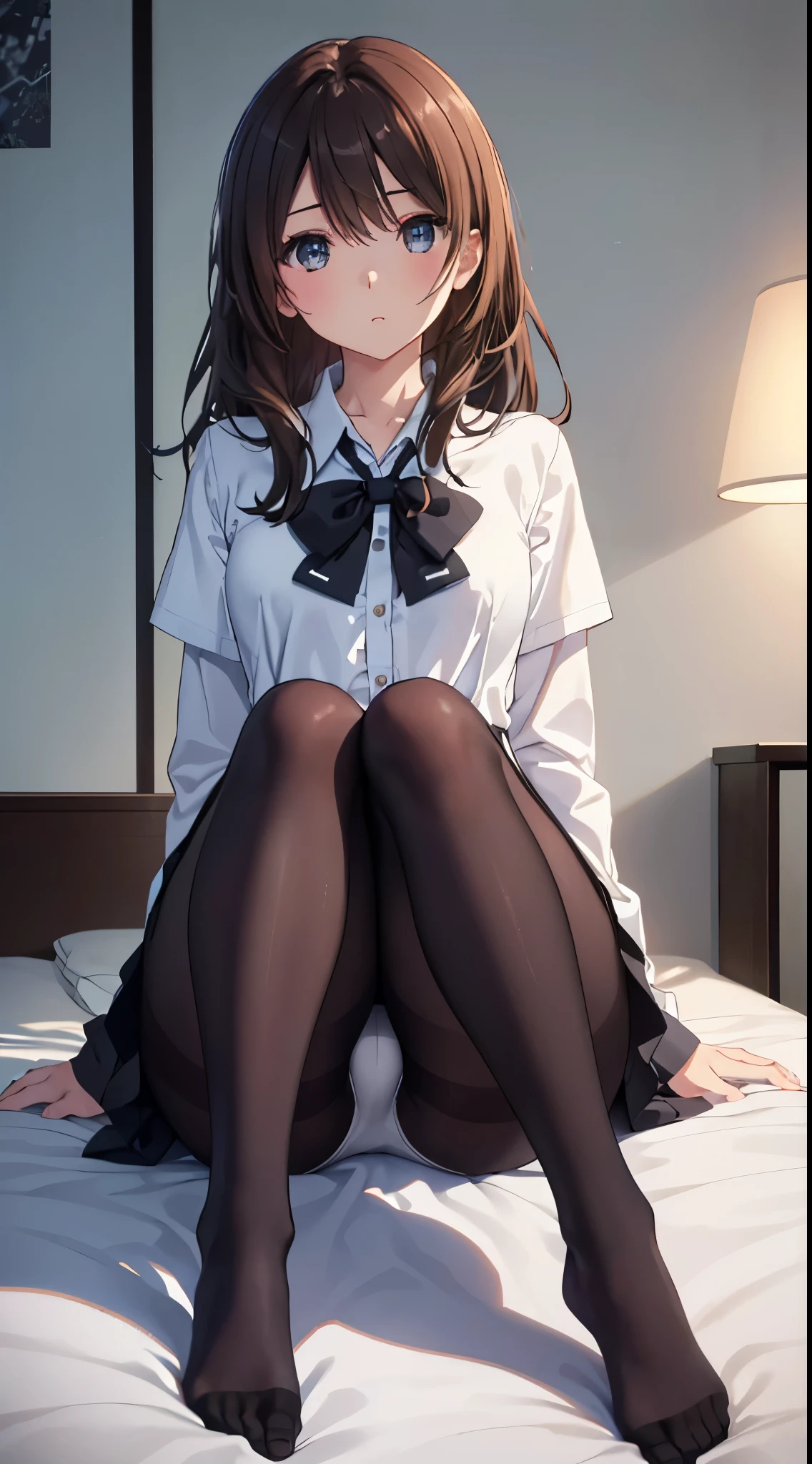 The whole body from head to toe)、(Full Body)、(No shoes)、(blackpantyhoseの内側に白いパンティ)、(blackストッキングの内側に白いパンティ)、(Panty shot)、(Sitting with legs together)、(Sit with your knees bent and your legs apart)、(M-shaped legs)、Brown Hair、Long Hair、bangs、Highest quality、High resolution、8k wallpaper、(figure:0.8)、(Beautiful attention to detail:1.6)、(Highly detailed face)、Perfect lighting、Highly detailed CG、Perfect hands、Perfect Anatomy、Thin legs、(Small Tits)、Sitting on the floor、Sleep on your back、Spread your legs、Look forward、Configuration from below、Positive、Turn your lower body forward、In 8K、Highest quality、The real picture、Intricate details、Ultra-detailed、超High resolution、Depth Field、(Photorealistic、Realistic:1.2),masterpiece, 0.25 :: Front shot、From the center、One Girl、Very beautiful 17 year old girl、See the face and feel、Big eyes、Sexy pose、Fascinating、Perfect Skin、(Small breasts)、Narrow waist、Light blush、solo、Looking at the audience、Five perfect fingers、Small toes、sweating、 wear((School_uniform)、White shirt、Collared shirt、Pleated dress、Grey Dress、(black_pantyhose:1.2)、 blackストッキング、blackpantyhose、(Sculpture Pose:1.1)、 Showing her white panties、Panty shot、Spread your legs、Open legs、Wide-open legs、bedroom 、On the bed