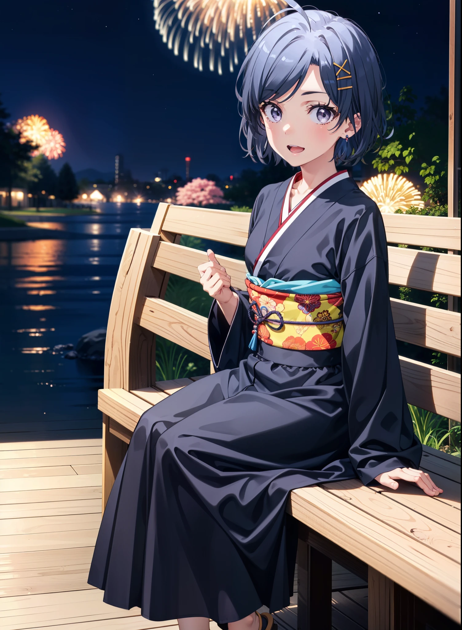 komachihikigaya, komachi hikigaya, short hair, Black Hair, hair ornaments, Ahoge, Hair Clip, x hair ornaments, (Purple eyes:1.1), tooth, smile, Open your mouth, black kimono,Black long skirt,Sandals,Sitting on a bench,Fireworks in the night sky,Fireworks,The place is a fireworks display,Time is night,sunny day,turn around,whole bodyがイラストに入るように,
break outdoors,Veranda,Japanese Garden, 
break looking at viewer,whole body,(Cowboy Shot:1. 5),
break (masterpiece:1.2), Highest quality, High resolution, unity 8k wallpaper, (figure:0.8), (Beautiful attention to detail:1.6), Highly detailed face, Perfect lighting, Highly detailed CG, (Perfect hands, Perfect Anatomy),