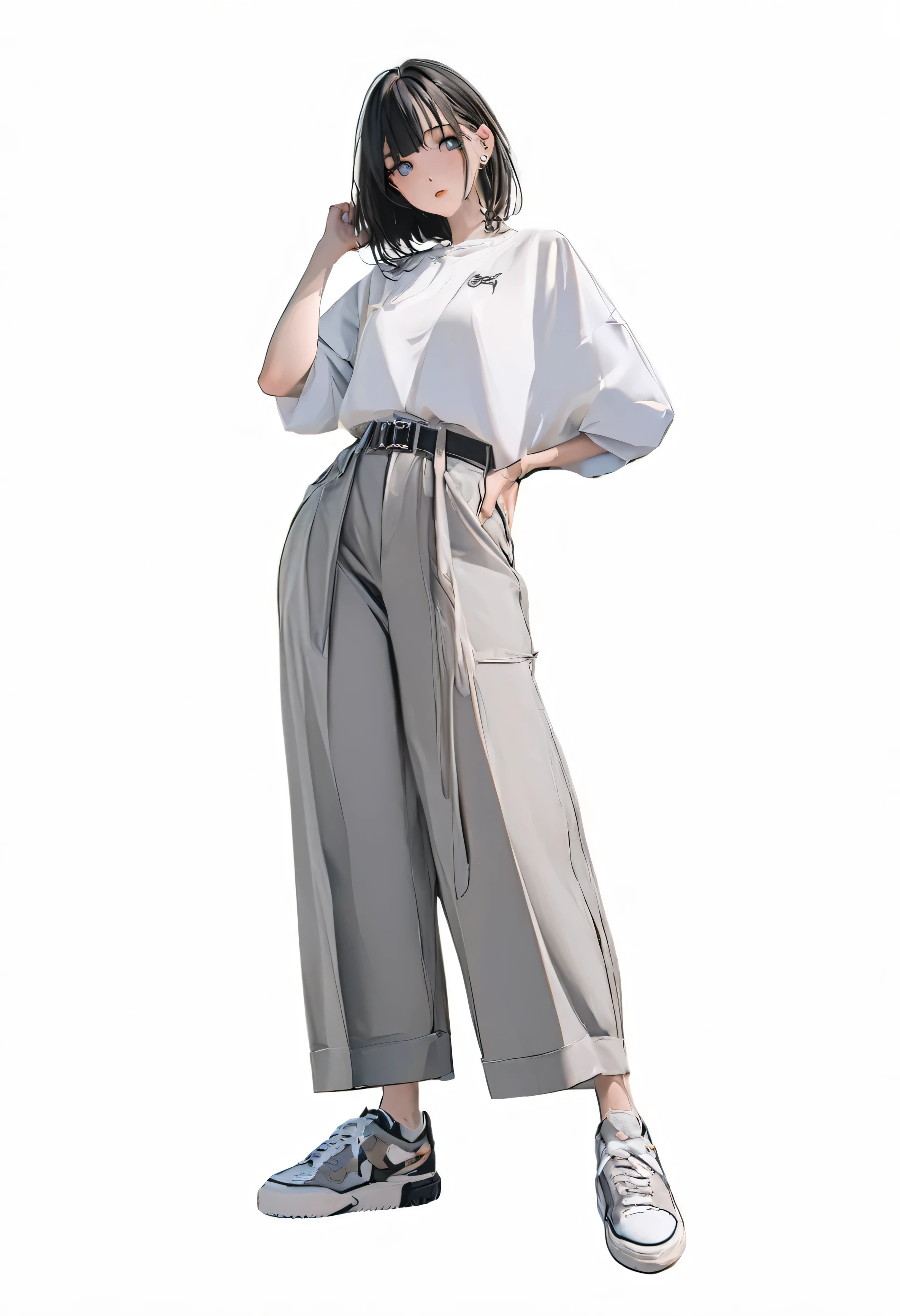 (Best, Best Quality: 1.2, 8K), Center, Full Body, 20s, 1 Adult Female, Trendy Style Shirt, Gray Wide Pants, Simple Sneakers, Simple Background, White Background, Eyes Wide Open, delicate eyes, beautiful eyes, kind