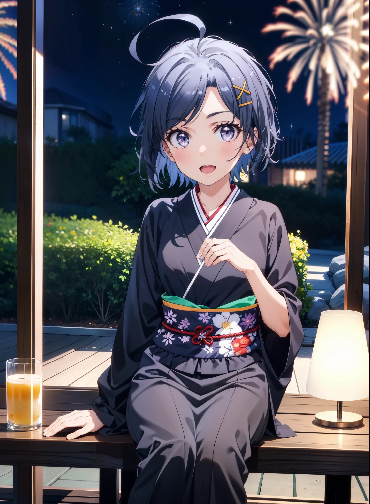 komachihikigaya, komachi hikigaya, short hair, Black Hair, hair ornaments, Ahoge, Hair Clip, x hair ornaments, (Purple eyes:1.1), tooth, smile, Open your mouth, black kimono,Black long skirt,Sandals,Sitting on a bench,Fireworks in the night sky,Fireworks,The place is a fireworks display,Time is night,sunny day,turn around,whole bodyがイラストに入るように,
break outdoors,Veranda,Japanese Garden,
break looking at viewer,whole body,(Cowboy Shot:1. 5),
break (masterpiece:1.2), Highest quality, High resolution, unity 8k wallpaper, (figure:0.8), (Beautiful attention to detail:1.6), Highly detailed face, Perfect lighting, Highly detailed CG, (Perfect hands, Perfect Anatomy),