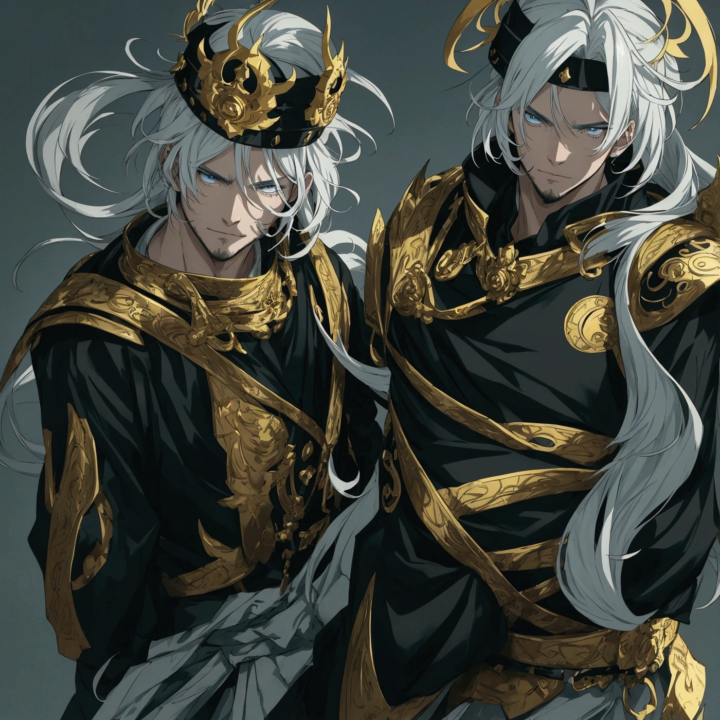 make this character into anime art style, man face, white hair, gold crown on his head, change background