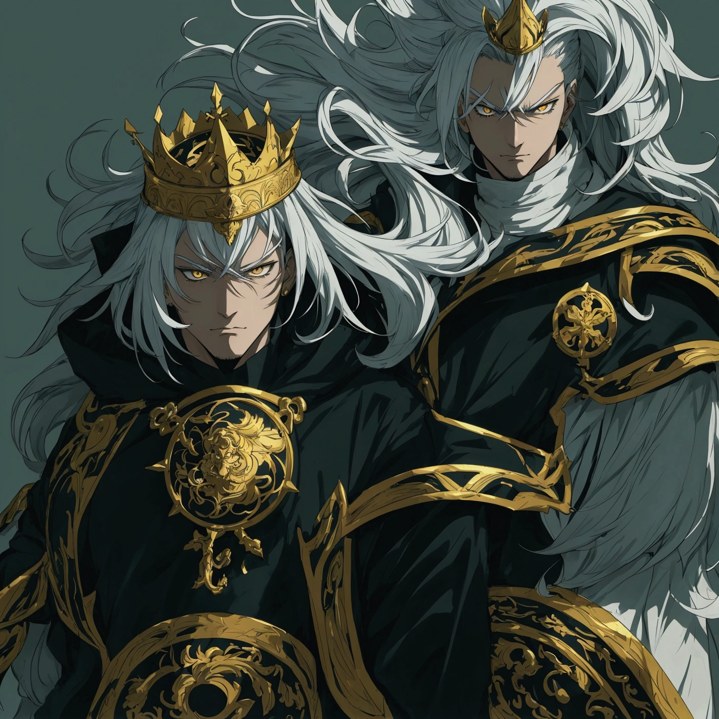 make this character into anime art style, man face, white hair, gold crown on his head, change background